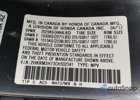 2012 Honda Cr-V Ex-L z USA, uszkodzony, nr VIN 2HKRM3H73CH502541